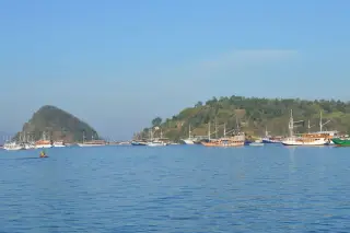 Ilustrasi: Pemandangan laut tenang dengan banyak kapal pinisi bersandar di dekat perbukitan hijau.