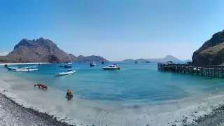 Ilustrasi: Pemandangan teluk berair jernih dengan perahu, dermaga kayu, dan perbukitan pesisir.