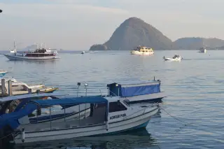 Ilustrasi: Sejumlah perahu dan kapal wisata bersandar di perairan tenang berlatar bukit pulau.
