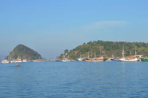 Ilustrasi: Pemandangan laut tenang dengan banyak kapal pinisi bersandar di dekat perbukitan hijau.